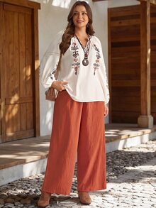 EMERY ROSE Plus Size Vintage Notch V-Neck Shirt And Drawstring Waist Pants 2 Pieces Set - Multicolor - View 6