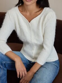 COSMINA Women's Square Neck Cardigan Sweater, 3/4 Sleeve Y2k Cream Knitwear - Cream - View 6