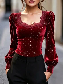Balvessa Women's Lace Patchwork Rhinestone Embellished Slim Fit Versatile Casual T-Shirt - Burgundy - View 3