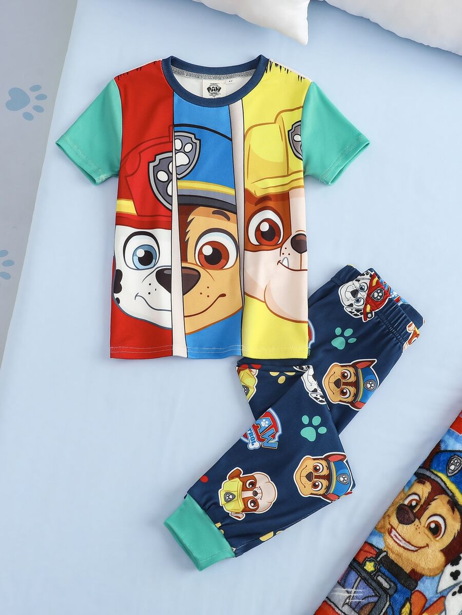 SHEIN | PAW Patrol 小男孩卡通印花短袖上衣與長褲休閒日常居家睡衣套裝 - 彩色 - 查看 1