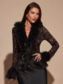 SHEIN BAE Women's Patchwork Faux Fur Lace Long Sleeve Sexy Cardigan - Black - View 1