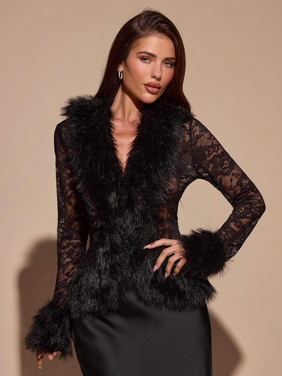 SHEIN BAE Women's Patchwork Faux Fur Lace Long Sleeve Sexy Cardigan - Black - View 1
