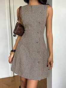 Aloruh Women's Autumn/Winter New Houndstooth Pattern Waist-Cinched A-Line Single-Breasted Mini Dress - Brown - View 5