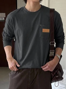 DAZY Men's Spring/Autumn Long Sleeve Knitted Fabric Crew Neck T-Shirt With Chest Pocket And Patch Design, Base Layer And Outerwear - Dark Grey - View 6