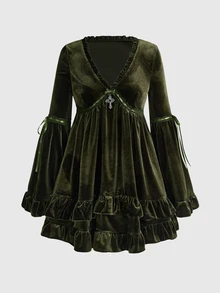 ROMWE Fairycore Cross Gothic Women's Short Dress - Olive Green - View 1