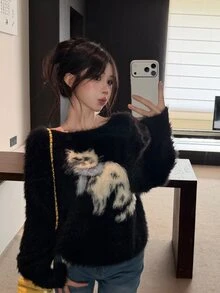 DAZY Women's Black Asymmetrical Shoulder Plush Cartoon Pattern Contrast Blue & White Loose Casual Long Sleeve Knit Sweater Fall - Black - View 3
