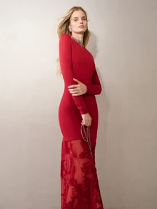 MOTF PREMIUM EXQUISITE ELEGANT EMBROIDERED FLORAL ROUND NECK LONG DRESS - Burgundy - View 6