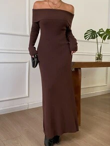 DAZY Women's Solid Color Off-Shoulder Casual Daily Knit Dress - Brown - View 6