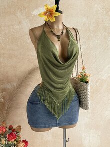 Soleia Women's Solid Color Draped Neck Knit Top With Tassel Hem - Green - View 3