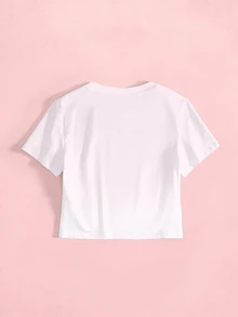 SHEIN X Care Bears 女款夏季休閒卡通印花修身短版T恤 - 白色 - 查看 4