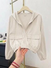 SHEIN 青少年女孩編織素色貼袋短版寬鬆休閒連帽外套，秋冬款，度假風 - 杏色 - 查看 1