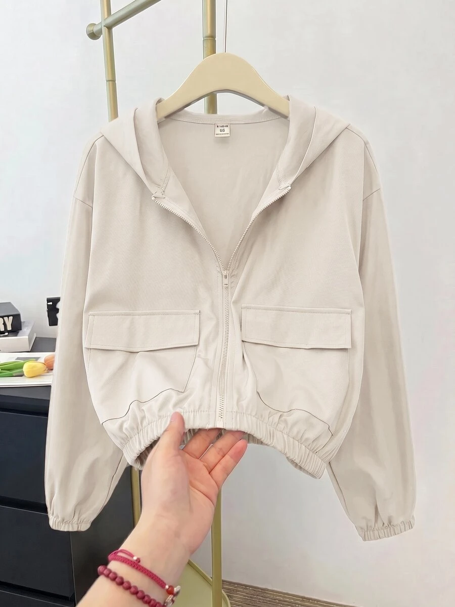 SHEIN 青少年女孩編織素色貼袋短版寬鬆休閒連帽外套,秋冬款,度假風 - 杏色 - 查看 1
