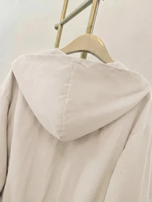 SHEIN 青少年女孩編織素色貼袋短版寬鬆休閒連帽外套，秋冬款，度假風 - 杏色 - 查看 7