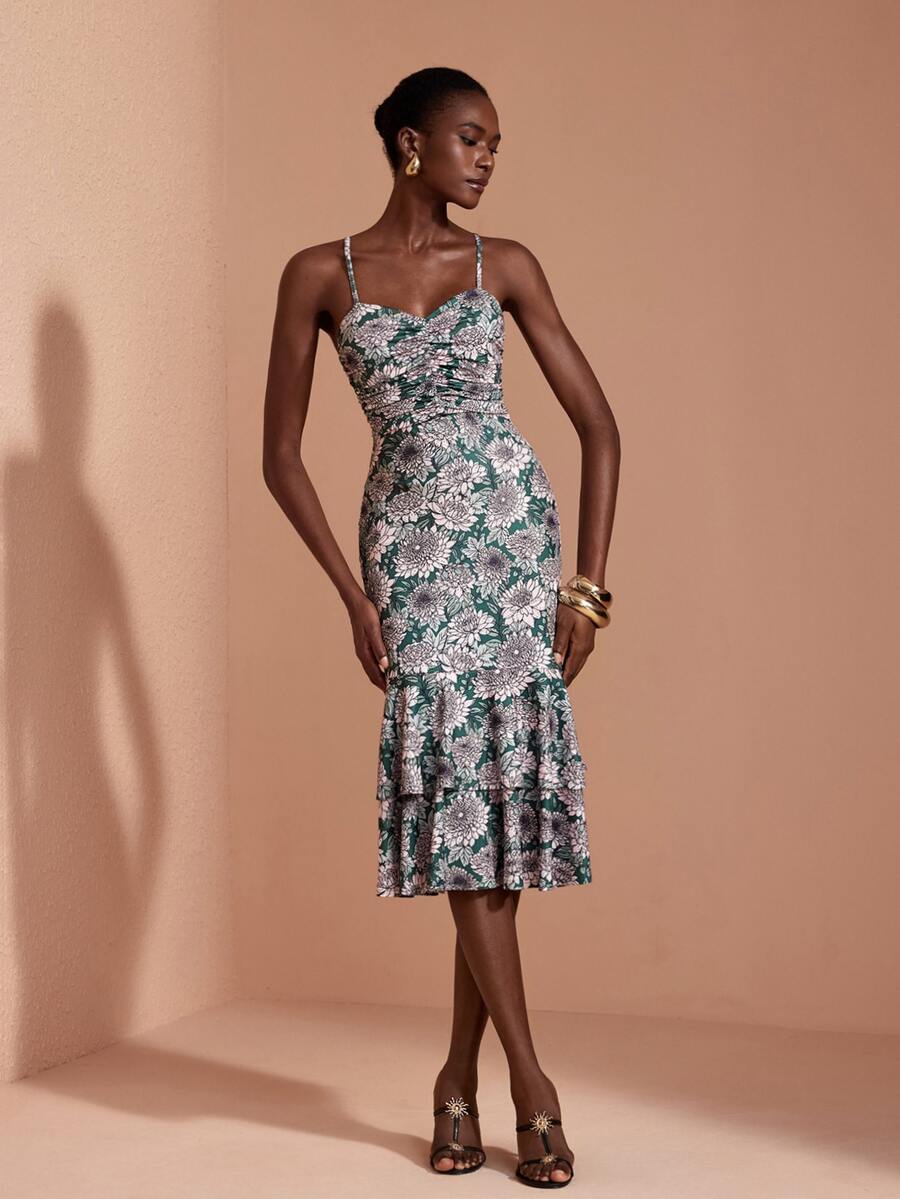 JIAN LASALA Knit Floral Print Adjustable Strap Double Ruffle Layers Ruched Midi Dress Elegant Vacation - Multicolor - View 1