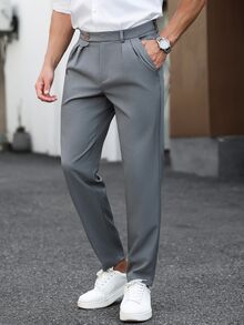 Manfinity Mode 男士休閒居家商務通勤西裝褲，附口袋翻蓋，百褶經典百搭灰色垂墜西裝長褲 - 灰色 - 查看 4