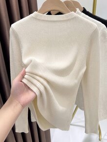GlowEve CURVE Plus Size Crew Neck Vertical Ribbed Metallic Decor Pullover Sweater - White - View 2