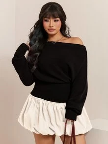 CovetEZ Autumn/Winter Solid Color Asymmetrical Collar Waist-Flattering Slimming Casual Plus Size Sweater - Black - View 6
