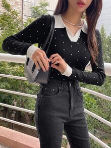 DAZY 女款波點拼接色塊休閒日常長袖針織衫 - 黑與白 - 查看 5