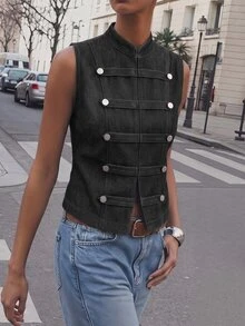 Maija Women's Double-Breasted Fashion Denim Vest For Vacation Going Out Tops For Women - Black - View 8