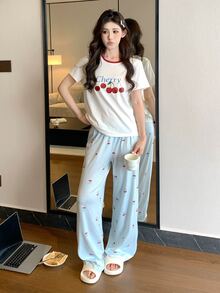 DAZY 2pcs/Set Women's Loose Short Sleeve Cherry Print Striped Long Pajama Pants Sleepwear Set - Multicolor - View 5