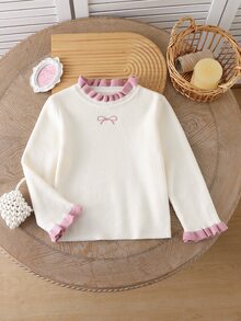 SHEIN Young Girl Sweet Embroidery Ruffle Trim Sweater Autumn Winter - Beige - View 1