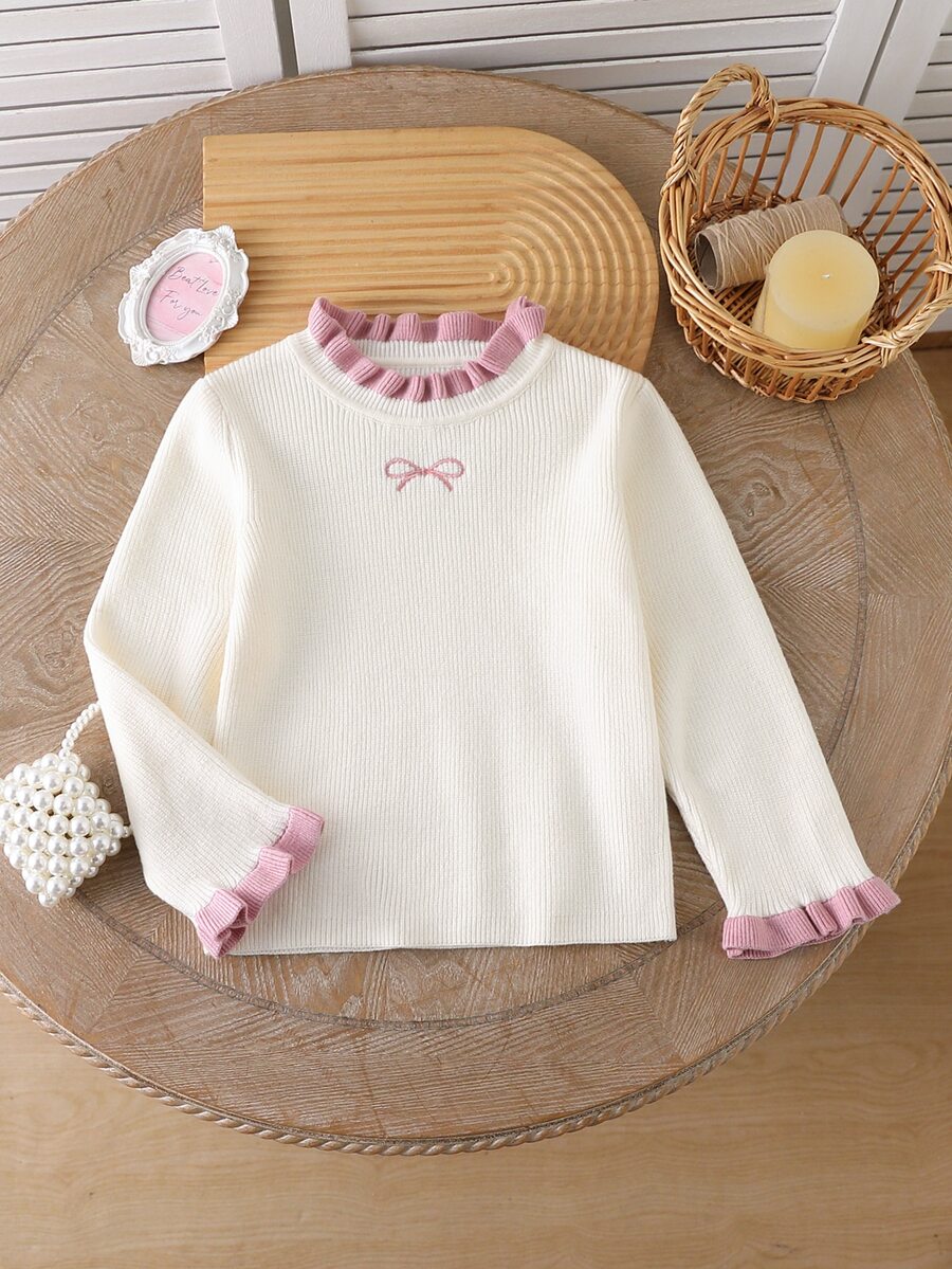 SHEIN Young Girl Sweet Embroidery Ruffle Trim Sweater Autumn Winter - Beige - View 1