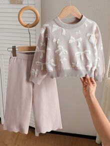 Casual Jacquard Bow Pattern Young Girl) Sweater Set - Camel - View 1