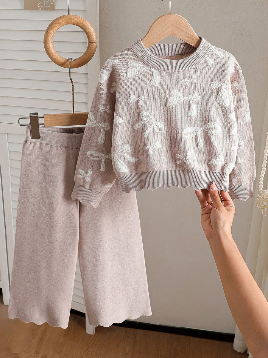 Casual Jacquard Bow Pattern Young Girl) Sweater Set - Camel - View 1