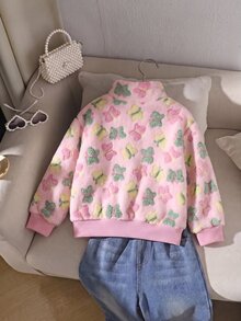 女童柔軟蓬鬆蝴蝶拉鍊毛絨外套 立領 粉色羅紋飾邊 保暖休閒外套 - 粉色 - 查看 2