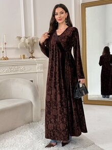 Yasmyna Women's Elegant Jacquard Long Sleeve Abaya - Brown - View 6