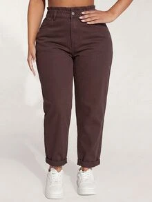 Jeanoix Celana Jeans Denim Saku Kancing Serbaguna untuk Ukuran Plus - Coklat - View 4