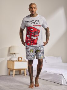 Transformers X SHEIN Men's Round Neck Short Sleeve T-Shirt And Shorts Loungewear Set Evergreen - Grey - View 4