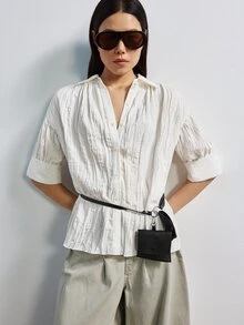 MERLEAU Women's Modern White Pleated Casual Loose Fit Shirt - White - View 6