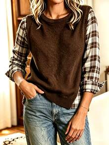 Holdful Holdful Women's Patchwork Plaid Long Sleeve Round Neck Casual Shirt - Multicolor - View 4