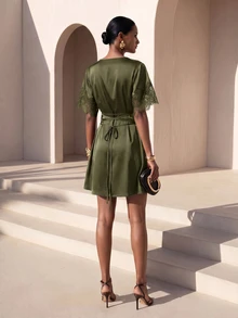 Zivah Women's Elegant Commuter Lace Patchwork Mini Dress - Army Green - View 1