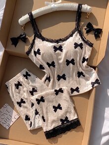 Comfortcana Women's Lace Patchwork Bow Pattern Camisole Top And Long Pants 2 Pieces Set - Multicolor - View 3