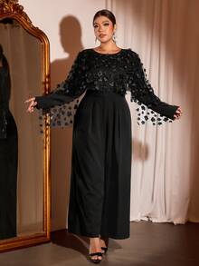 Cravure Plus Size Women's Party 3D Floral Long Sleeve Black Jumpsuit - Black - View 4