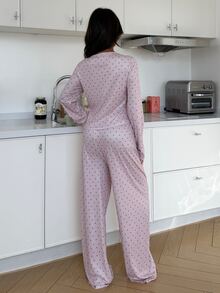 ZzzCrew Polka Dot Print Long Sleeve Long Pants Pajama Set - Pink - View 2