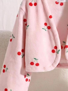 SHEIN 青少年女孩毛絨櫻桃印花休閒時尚可愛極簡風開襟外套，秋冬/四季穿著 - 粉色 - 查看 3