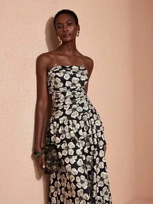 JIAN LASALA Knit Floral Print Sleeveless Tube Top Double Ruffle Layers Ruched Long Dress Elegant Vacation - Multicolor - View 7