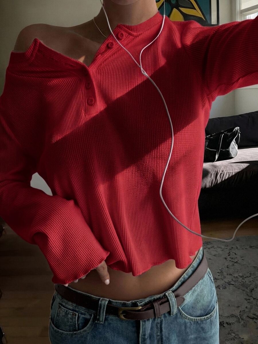 Livesso 女款圓領短袖白色純色寬鬆落肩休閒極簡風T恤 秋季 - 酒紅色 - 查看 1
