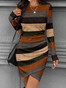 Comfylo Casual Spring Colorblock Ribbed Long Sleeve Fitted Waist Ruched Ribbed Elegant Plus Size Women's Short Dress Autumn/Winter - Multicolor - View 3