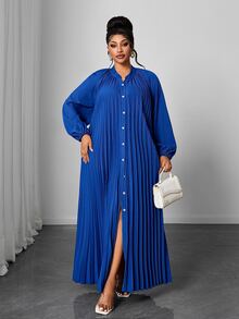 Maweii Plus Size Women's High-Quality Pleated Long Dress, Loose Fit Flattering All Body Types, Suitable For Commuting And Parties Fall - Royal Blue - View 6