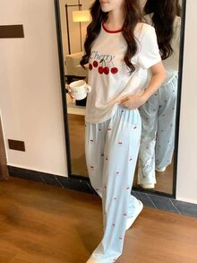 DAZY 2pcs/Set Women's Loose Short Sleeve Cherry Print Striped Long Pajama Pants Sleepwear Set - Multicolor - View 8