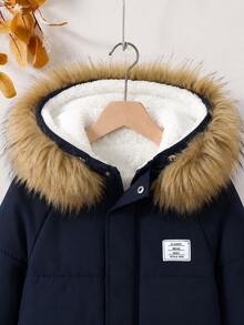 Boys Casual Letter Print Raglan Sleeve Navy Blue Mid-Length Hooded Detachable Fur Collar Thermal Lined Jacket, Winter Tops - Blue - View 4