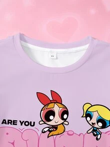 THE POWERPUFF GIRLS X SHEIN Young Girl Letter Cartoon Print Casual Daily Short Sleeve T-Shirt - White - View 3