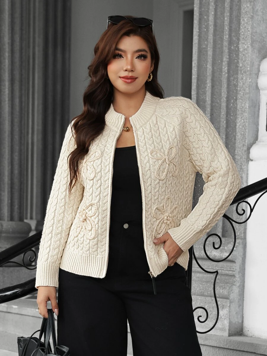 Vionelle Plus Size Women's Cream White Round Neck Zipper Cable Knit Cardigan With 3D Bow Long Sleeve Sweater Jacket Office Autumn Elegant - Apricot - View 1