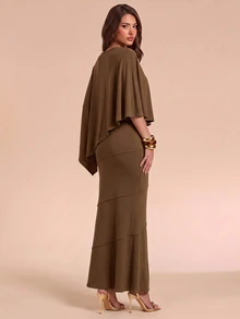 Bluhae Women's Autumn/Winter Solid Color Asymmetric Hem Top And Mermaid Skirt Elegant Set - Coffee Brown - View 2