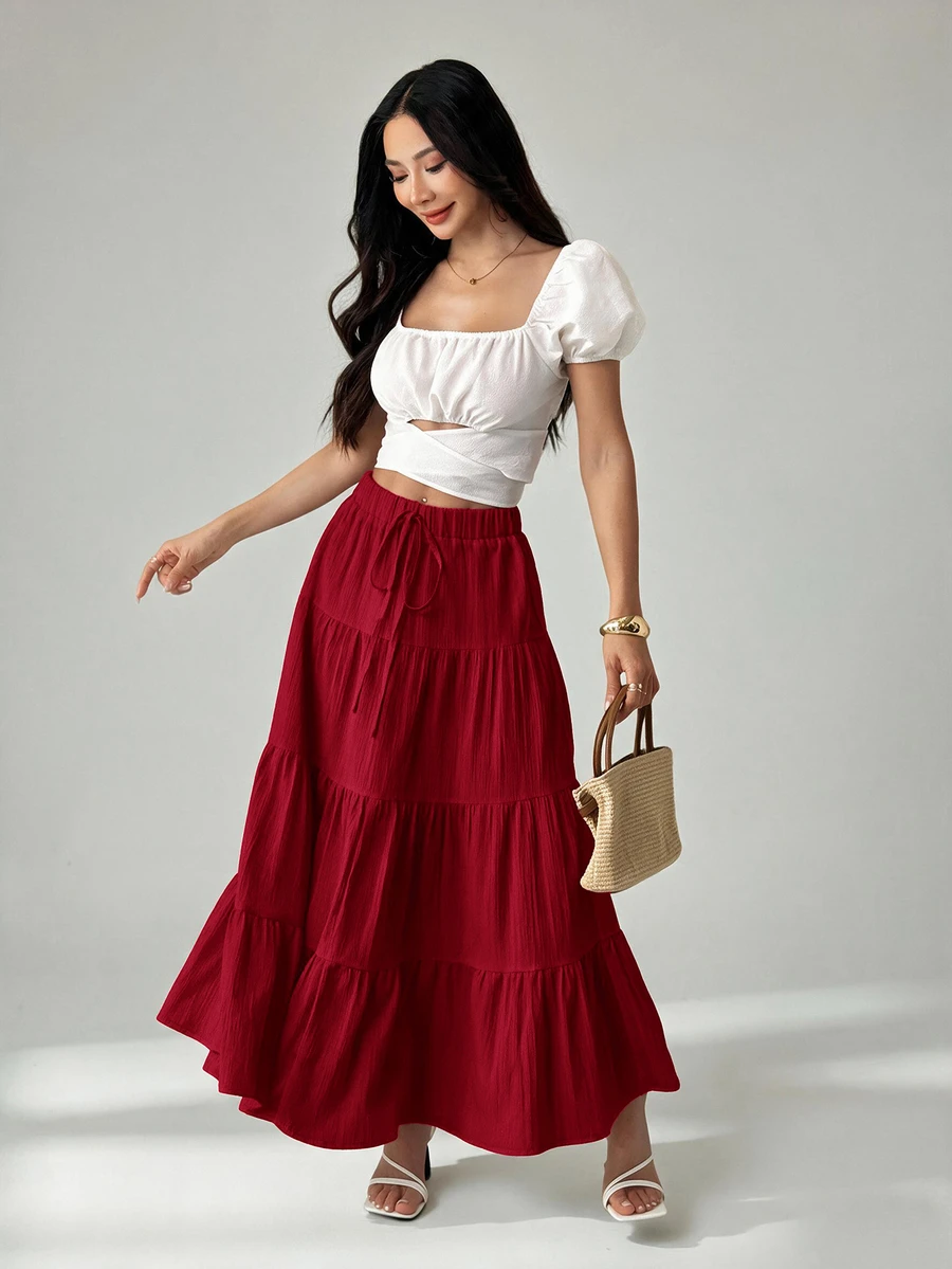 SHEIN PETITE 女款休閒度假多層蛋糕裙,百搭休閒優雅穿搭,適合四季,假日約會穿著,適用於春/夏與秋/冬 - 紅色 - 查看 1