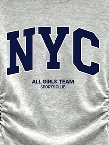 (1套) 青少年女孩秋季休閒時尚簡約風 NYC 字母標語印花抽褶腰長袖T恤與寬腿長褲 - 灰色 - 查看 3